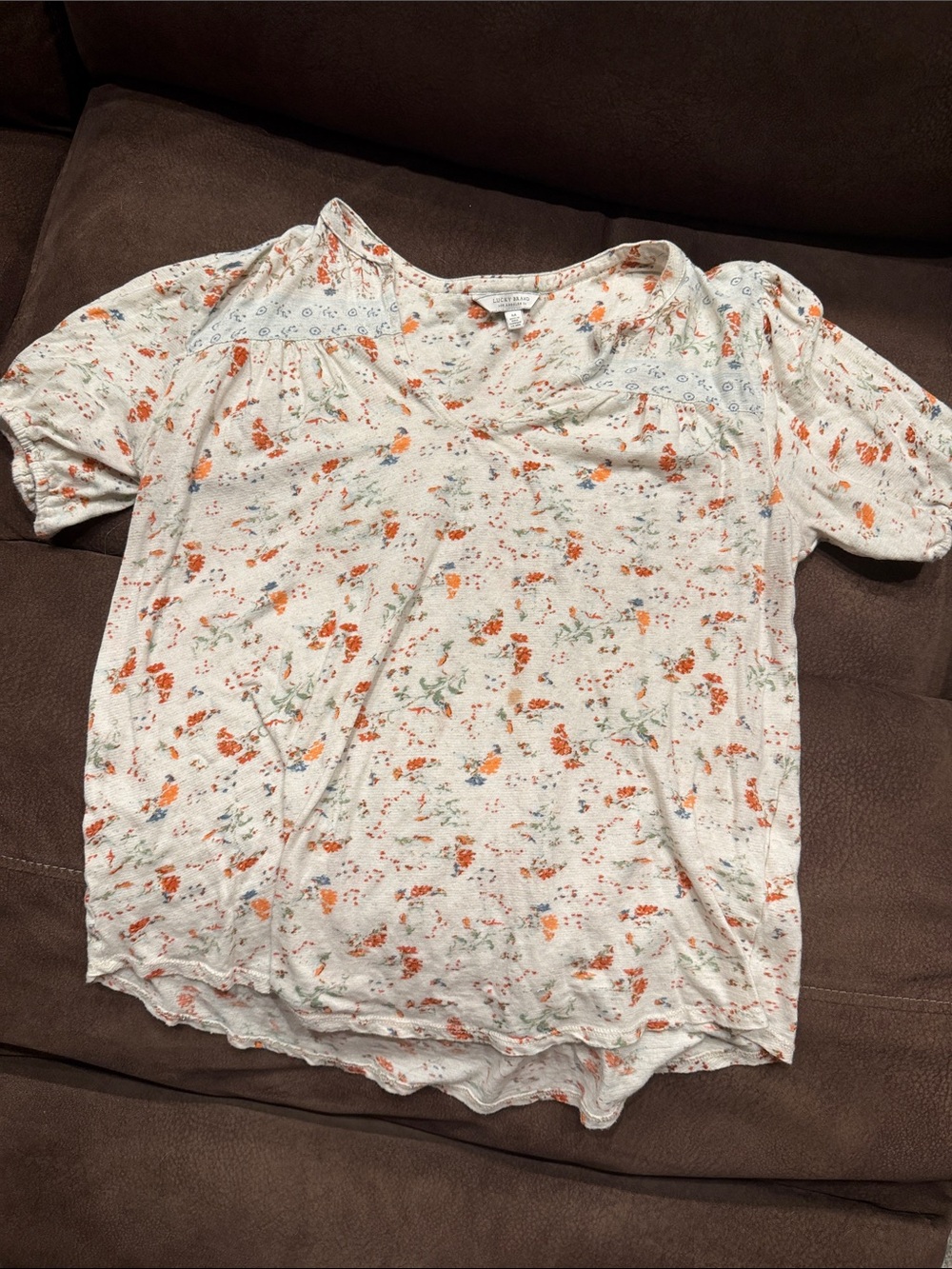 Lucky Brand Cream Short Sleeve Top with Orange Floral Print